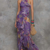 Emma | Purple Floral Halter Maxi Dress