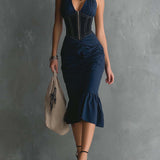 Lauren | Halter Zipper Ruched Midi Dress