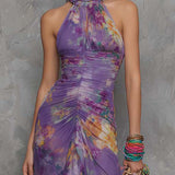 Emma | Purple Floral Halter Maxi Dress