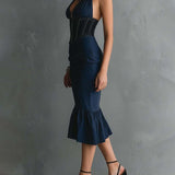 Lauren | Halter Zipper Ruched Midi Dress