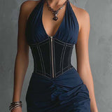 Lauren | Halter Zipper Ruched Midi Dress