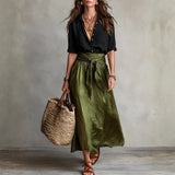 Ava | Black T-shirt, Olive Midi Skirt