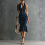 Lauren | Halter Zipper Ruched Midi Dress
