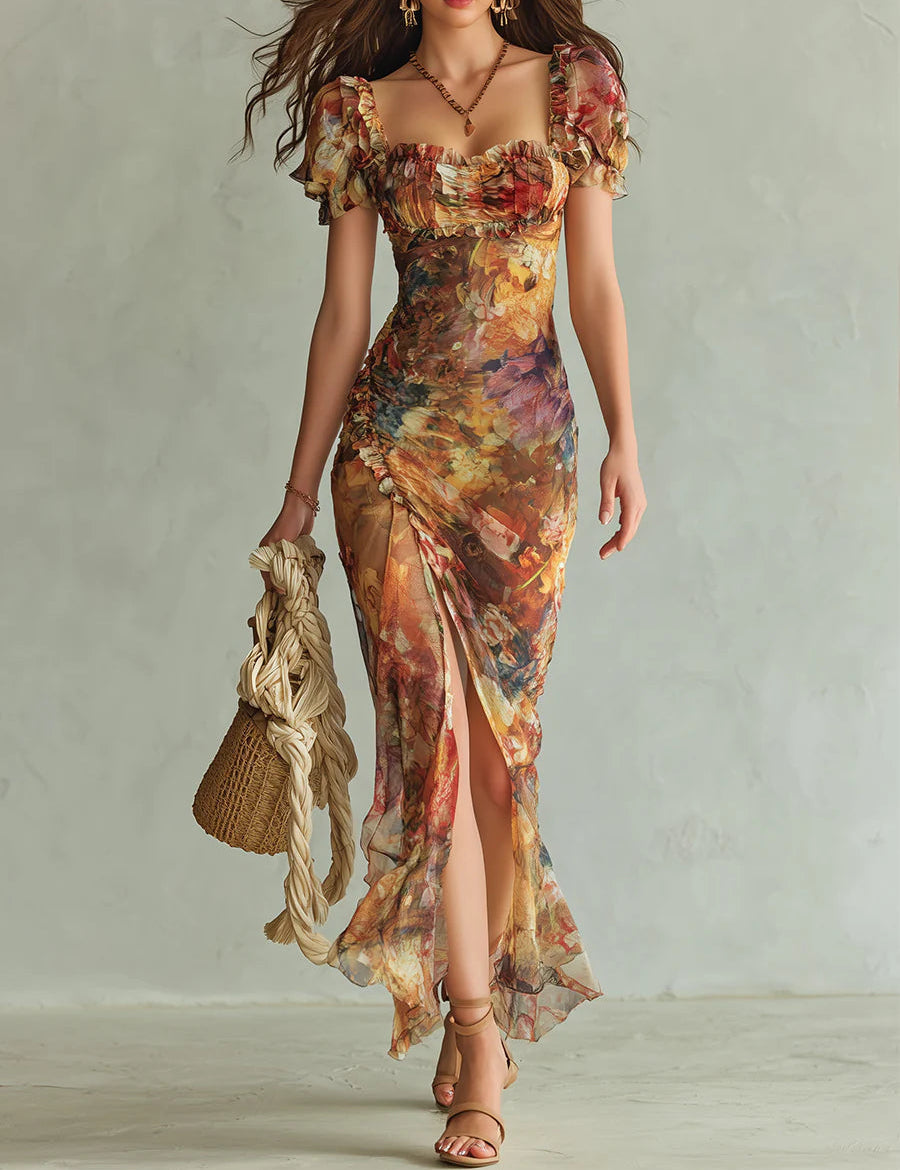 Isabella | Orange Chiffon Bohemian Oil-Paint Dress