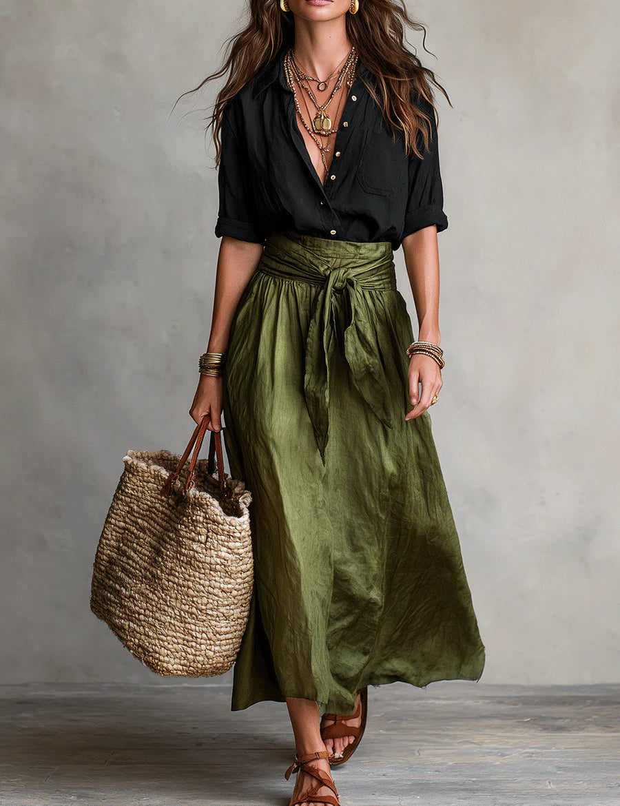 Ava | Black T-shirt, Olive Midi Skirt