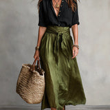 Ava | Black T-shirt, Olive Midi Skirt