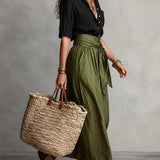 Ava | Black T-shirt, Olive Midi Skirt