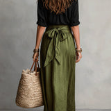 Ava | Black T-shirt, Olive Midi Skirt