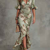 Isla | Asymmetrical Green Satin Dress
