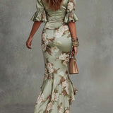 Isla | Asymmetrical Green Satin Dress