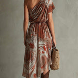 Rachel | Boho One-Shoulder Marble Midi Dress