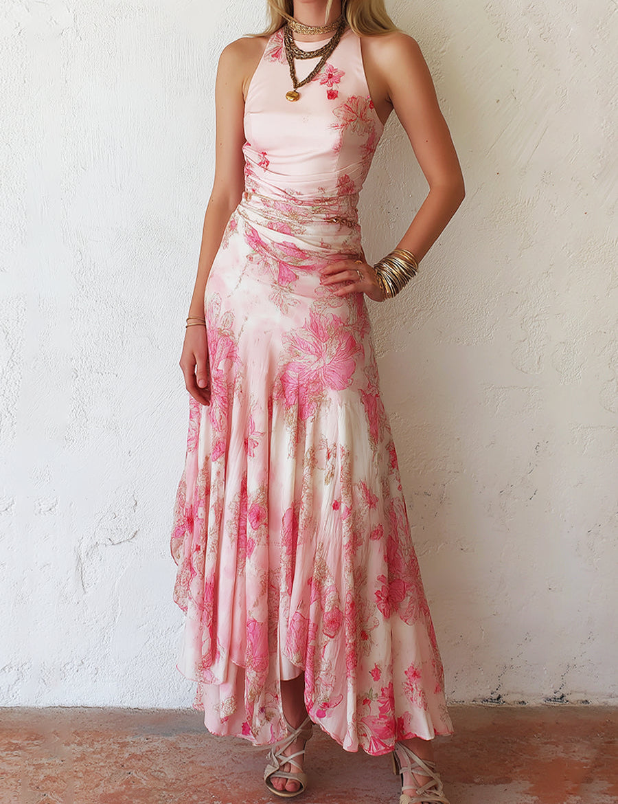Rachel | Pink Floral Pleated Chiffon Dress