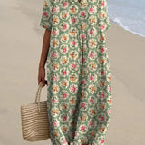 Claire | Retro Floral Dress, Aqua Green
